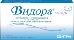 Видора микро, таблетки покрытые пленочной оболочкой 3 мг+0.02 мг 28 шт в наборе таблетки 2-х видов - розовые (дроспиренон 3 мг+этинилэстрадиол 20 мкг) 21 шт + белые (плацебо) 7 шт